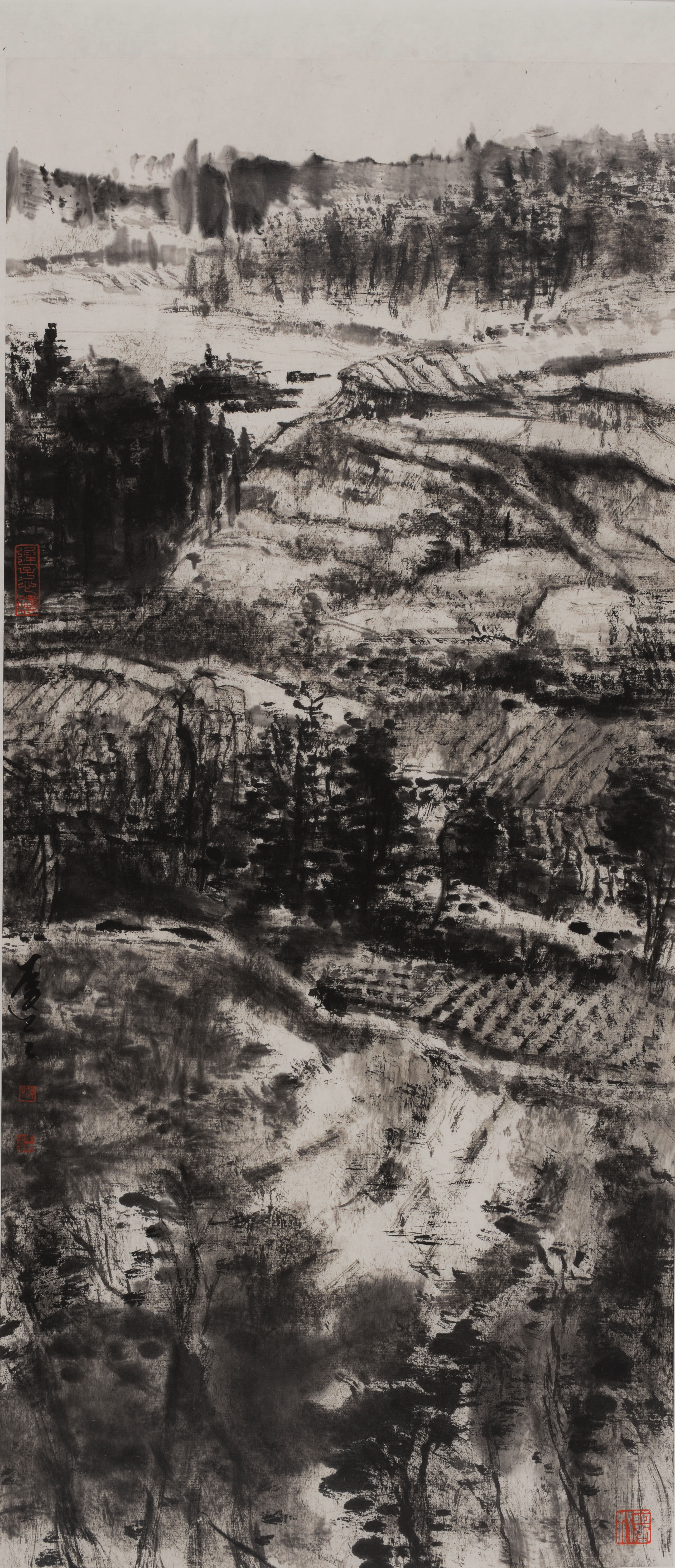 《山色苍茫》系列之一（纸本水墨37 x 85 cm)2010年  四．《海棠》（纸本水墨37 x 85 cm)2007年